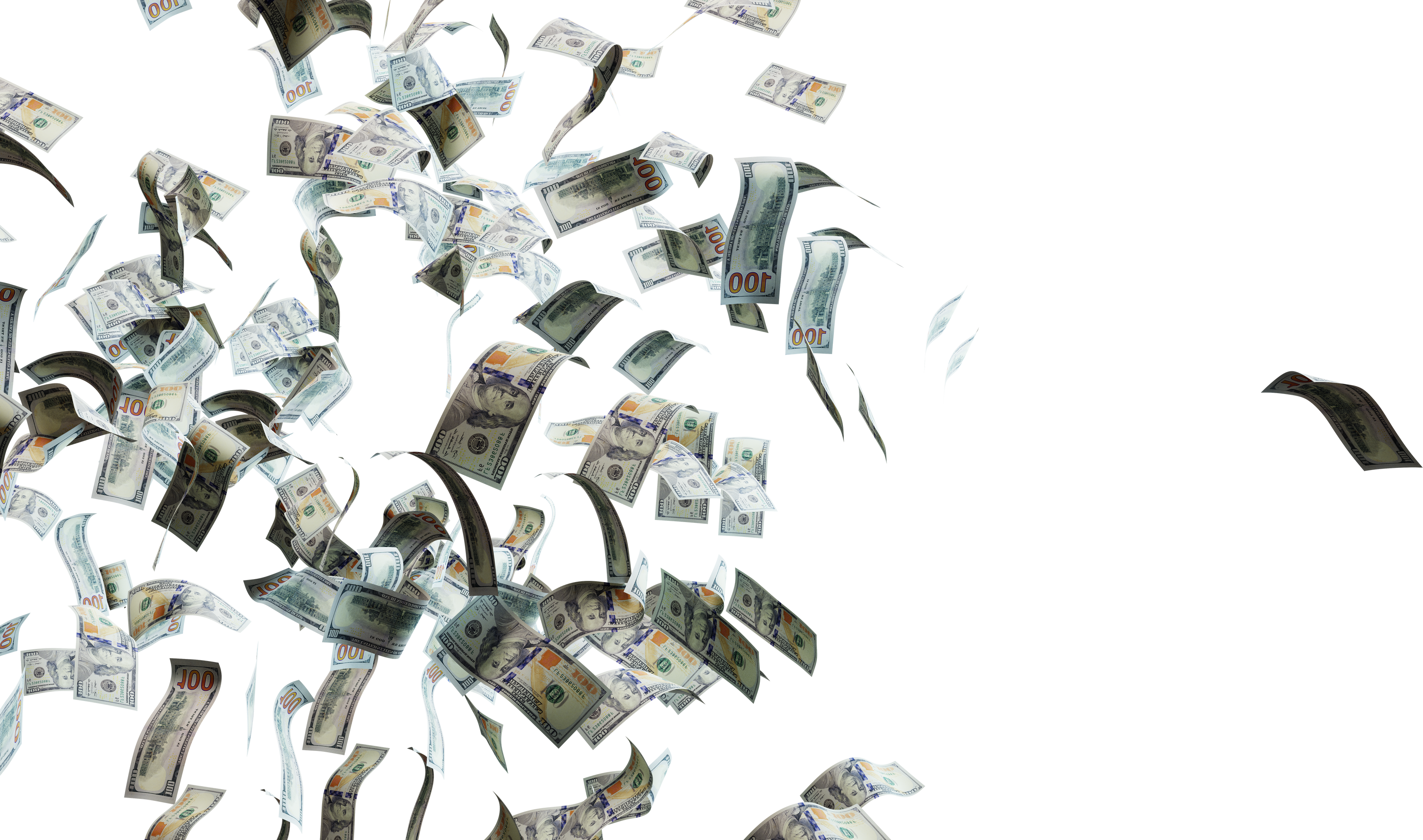 Money rain, dollar banknotes fly. Isolated on transparent background